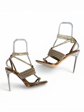 EGO Bronze Metallic Chain & Rhinestone Statement Stiletto Heels - US 9
